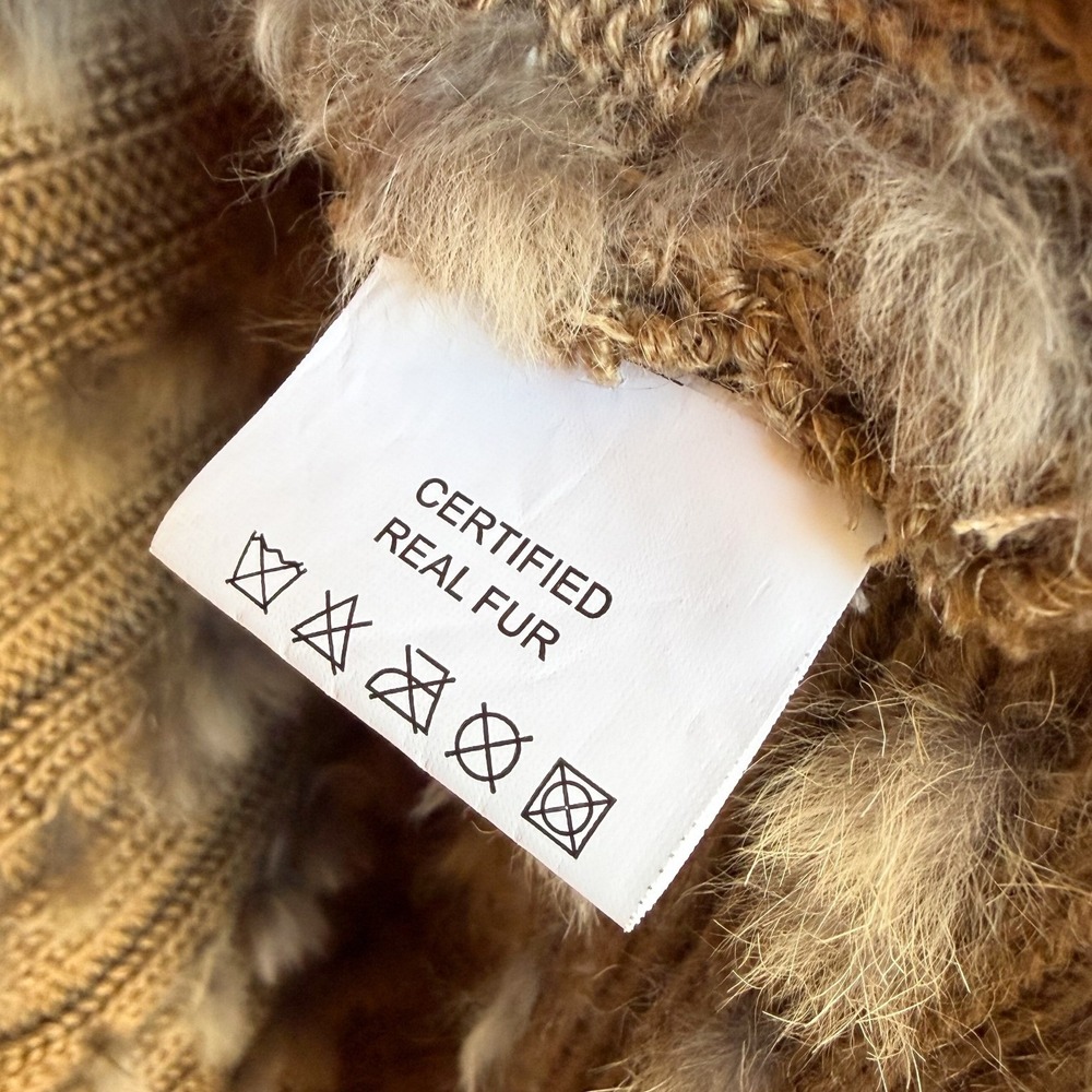 Belle Fare‎ Real Fur Knit Vest Scarf Brown Tan Fringed Pocketed Wrap - Picture 3 of 4